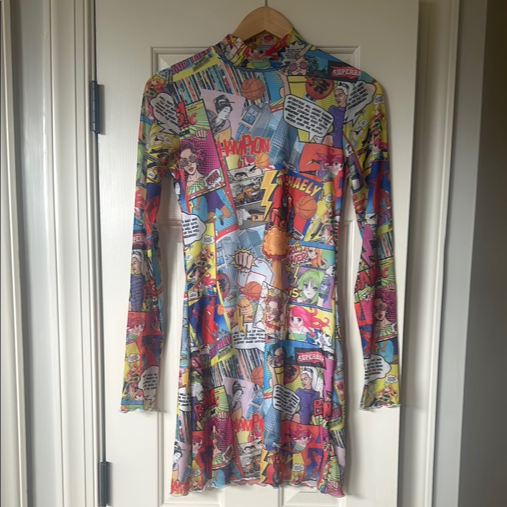 Comic Print Long Sleeve Mesh Dress
